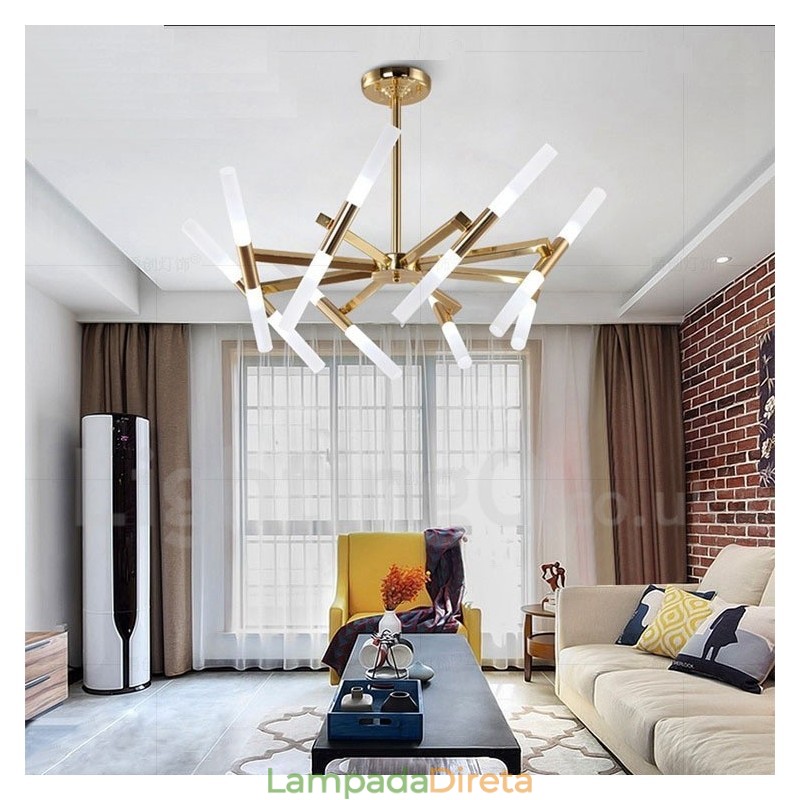 Lustre moderno contemporâneo de 2 níveis e 16 luzes dourado