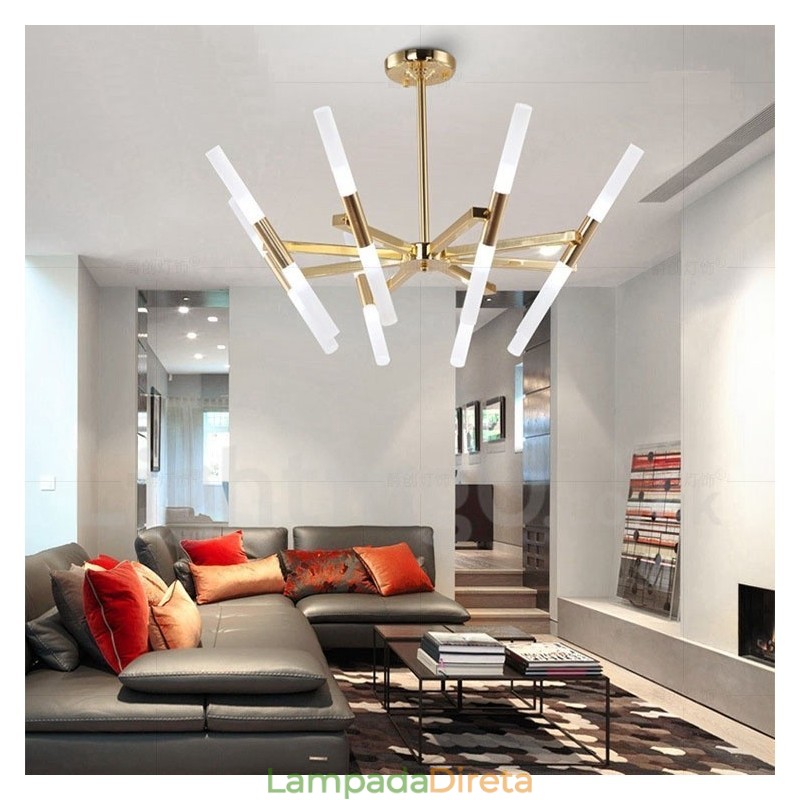Lustre moderno contemporâneo de 2 níveis e 16 luzes dourado