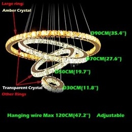 Lustre de teto moderno com pingente de cristal, luminária com 4 anéis, anel grande, cristal âmbar e outros cristais transparentes