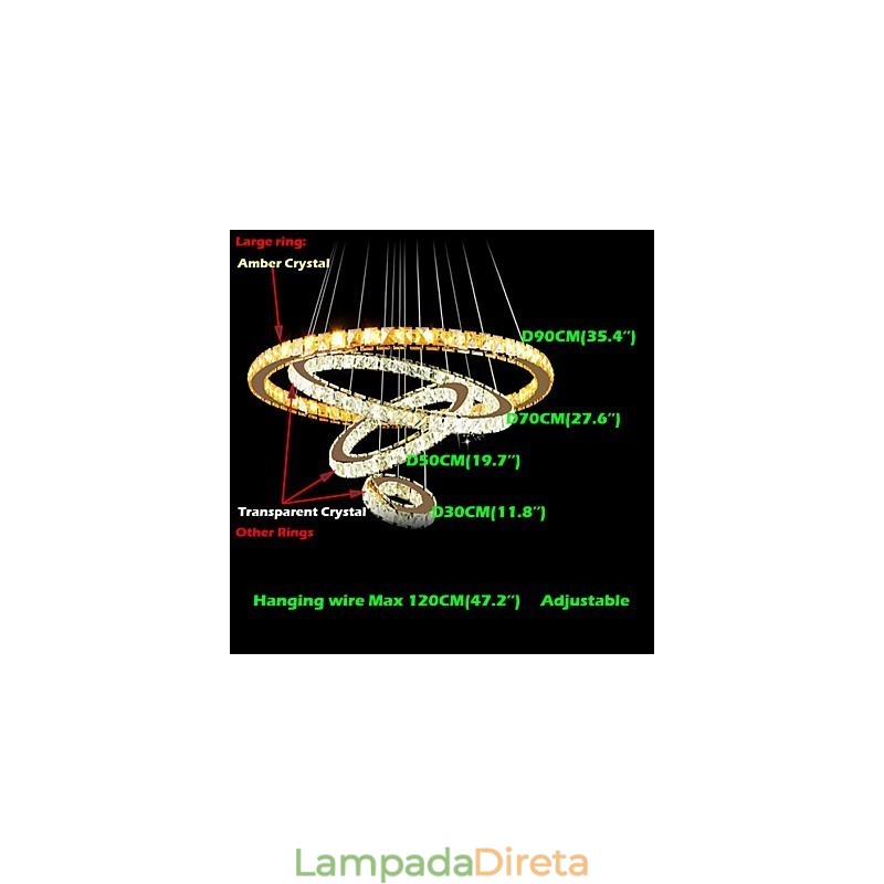 Lustre de teto moderno com pingente de cristal, luminária com 4 anéis, anel grande, cristal âmbar e outros cristais transparentes