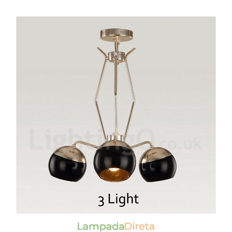 Lustre de metal contemporâneo moderno de 3 luzes com camada única e cúpula de vidro