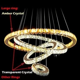 Lustre de teto moderno com pingente de cristal, luminária com 4 anéis, anel grande, cristal âmbar e outros cristais transparentes
