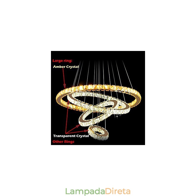 Lustre de teto moderno com pingente de cristal, luminária com 4 anéis, anel grande, cristal âmbar e outros cristais transparentes