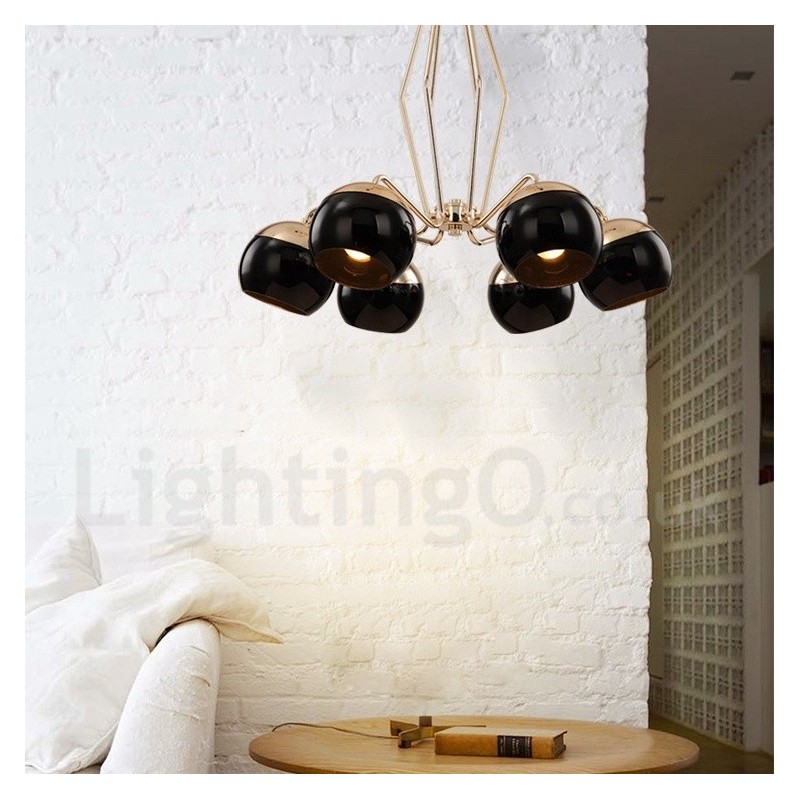 Lustre de metal contemporâneo moderno de 6 luzes com camada única e cúpula de vidro