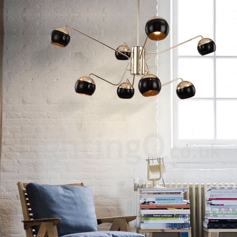 Lustre de metal contemporâneo moderno de 8 luzes e 2 níveis com cúpula de vidro