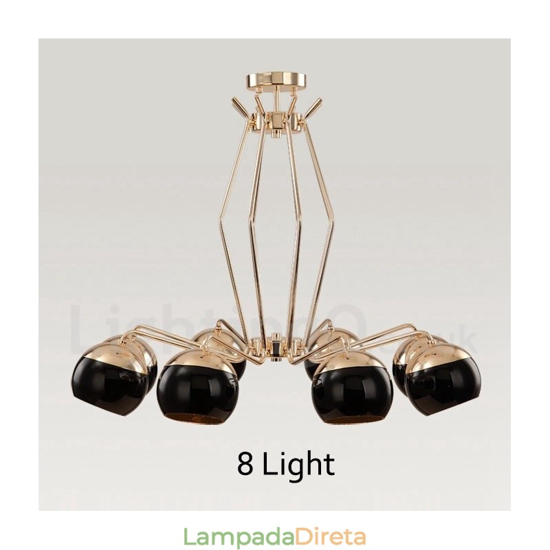 Lustre de metal contemporâneo moderno de 8 luzes com camada única e cúpula de vidro