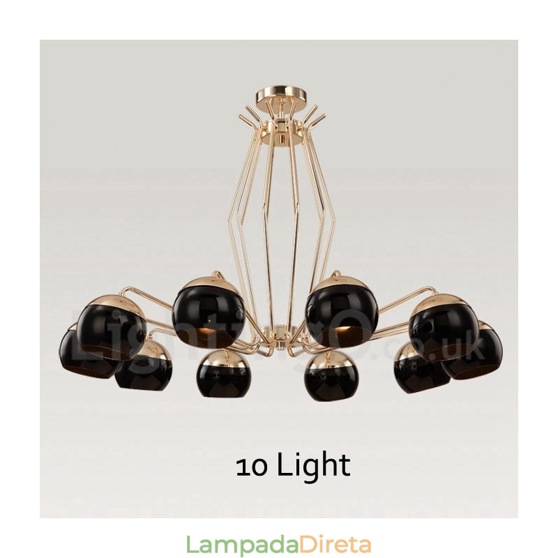 Lustre de metal contemporâneo moderno de 10 luzes com camada única e cúpula de vidro