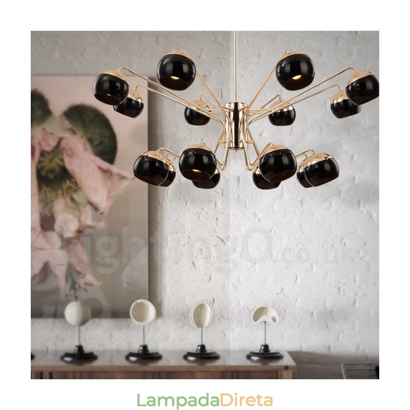 Lustre de metal contemporâneo moderno de 16 luzes e 2 níveis com cúpula de vidro
