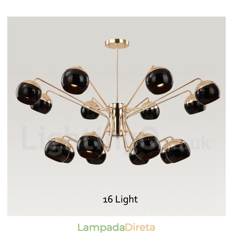 Lustre de metal contemporâneo moderno de 16 luzes e 2 níveis com cúpula de vidro