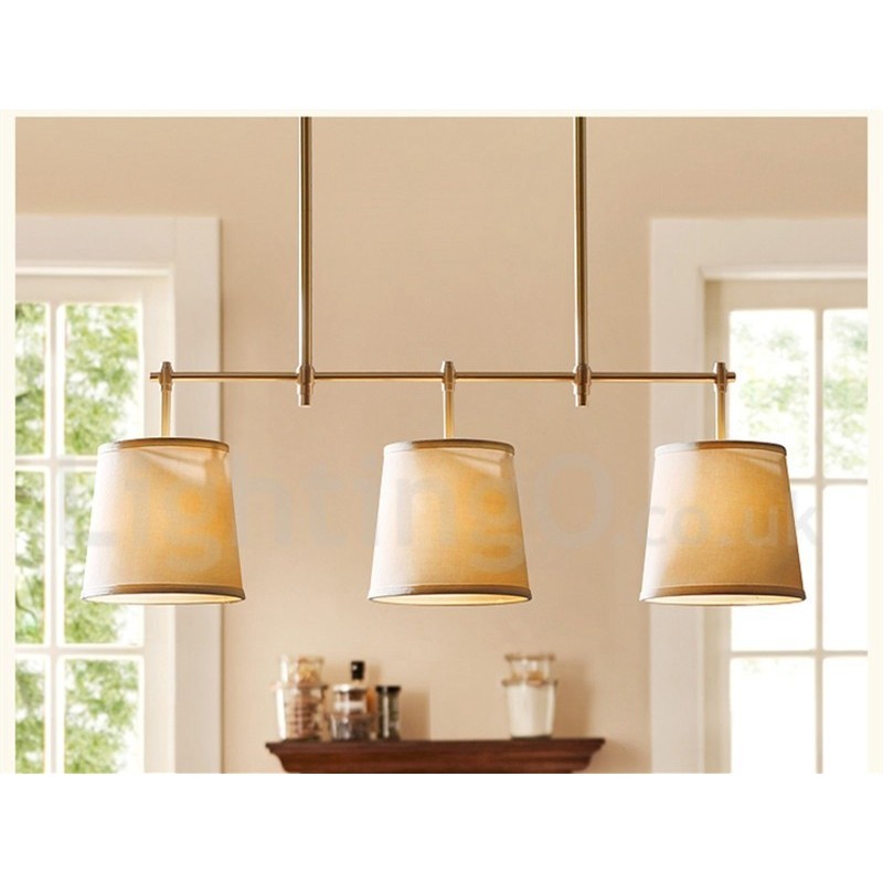 Lustre de cobre retrô country com 3 luzes e abajur de tecido