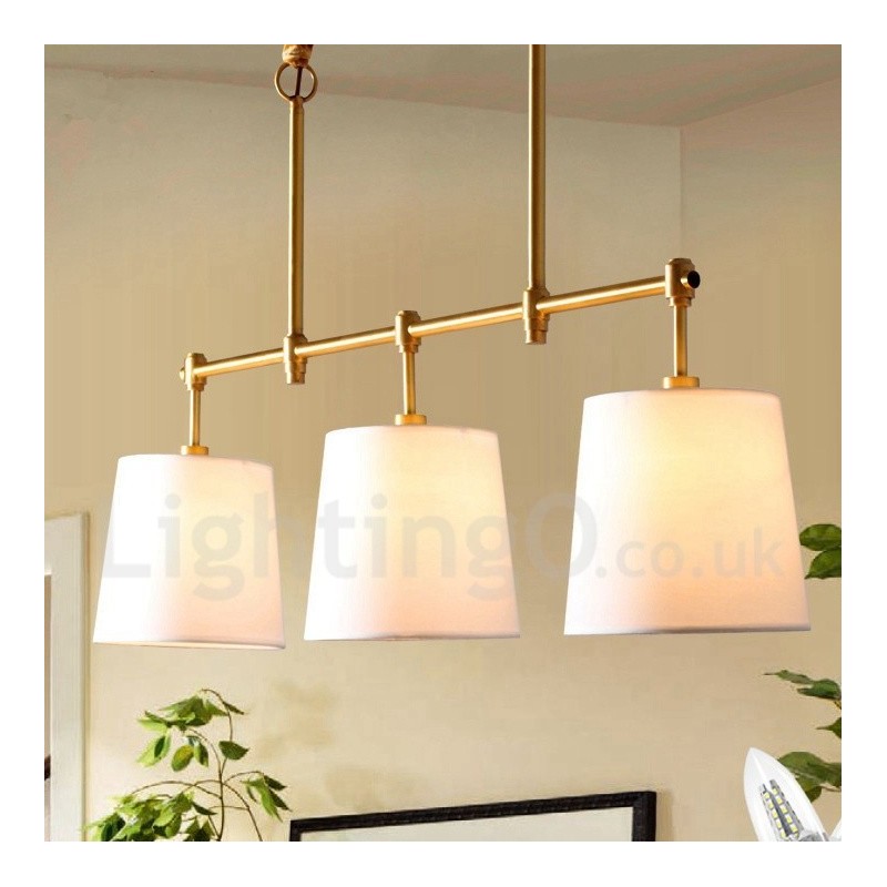 Lustre de cobre retrô country com 3 luzes e abajur de tecido