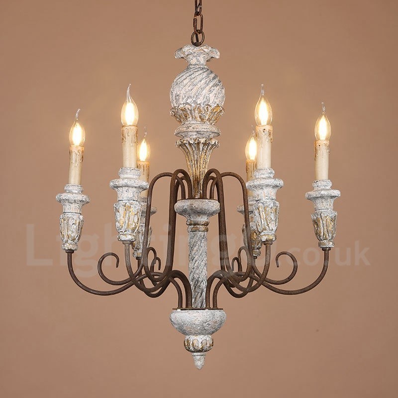 Lustre de madeira vintage country com 6 luzes e camada única para iluminação