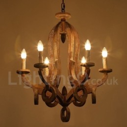 Lustre de madeira vintage country de 6 luzes de camada única, lâmpada de madeira
