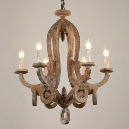 Lustre de madeira vintage country de 6 luzes de camada única, lâmpada de madeira