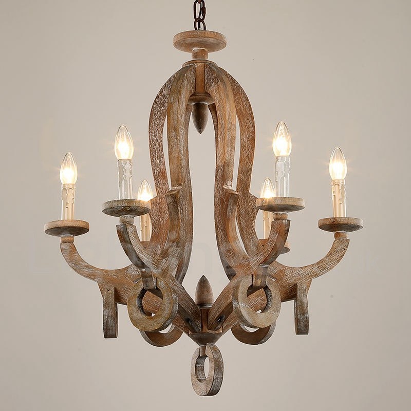 Lustre de madeira vintage country de 6 luzes de camada única, lâmpada de madeira
