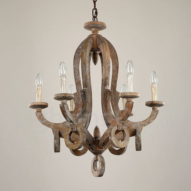 Lustre de madeira vintage country de 6 luzes de camada única, lâmpada de madeira