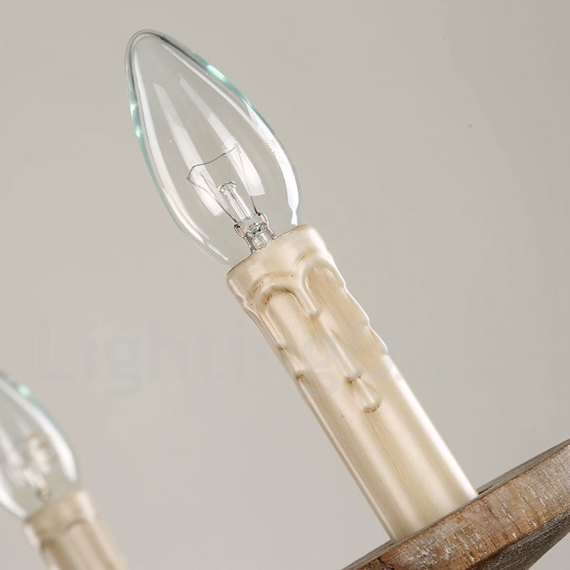 Lustre de madeira vintage country de 6 luzes de camada única, lâmpada de madeira