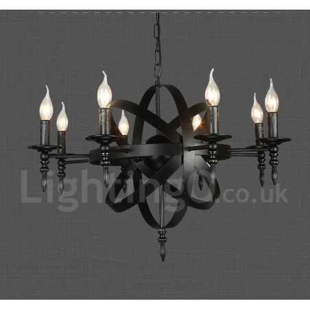 Lustre de metal vintage retrô preto com 8 luzes e camada única Lustre de metal vintage retrô preto com 8 luzes e camada única