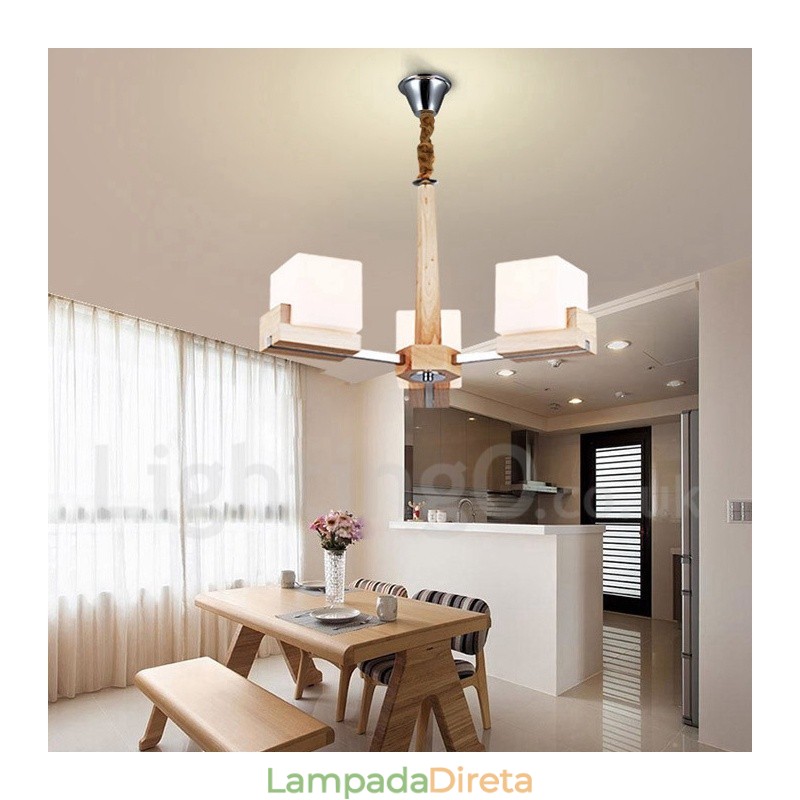 Lustre moderno contemporâneo de madeira com 3 luzes de nível único