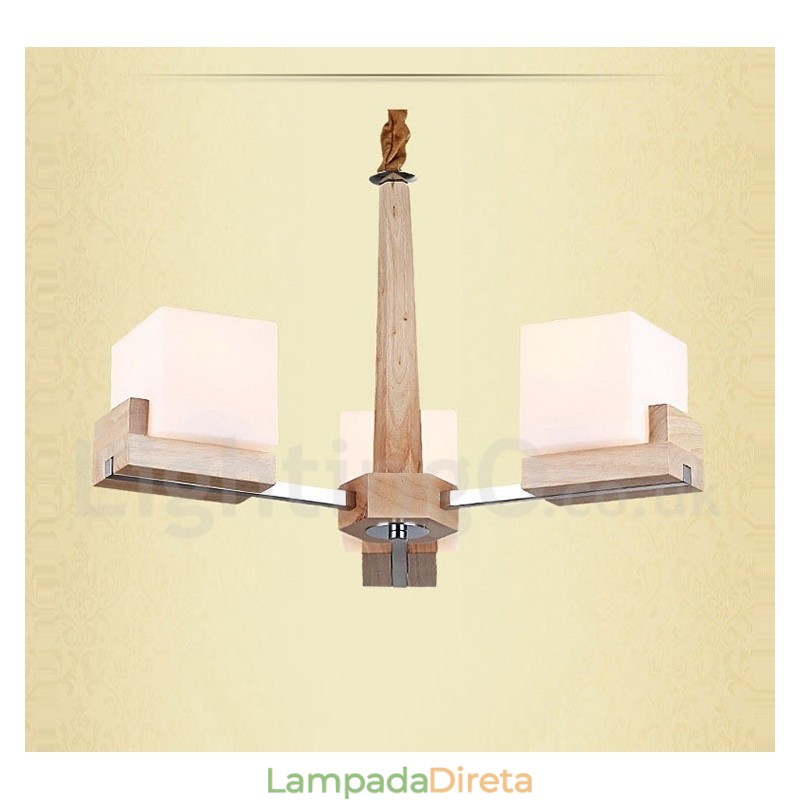 Lustre moderno contemporâneo de madeira com 3 luzes de nível único