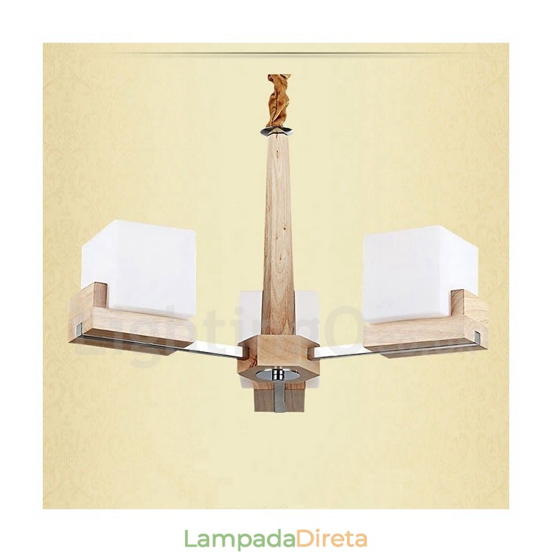 Lustre moderno contemporâneo de madeira com 3 luzes de nível único