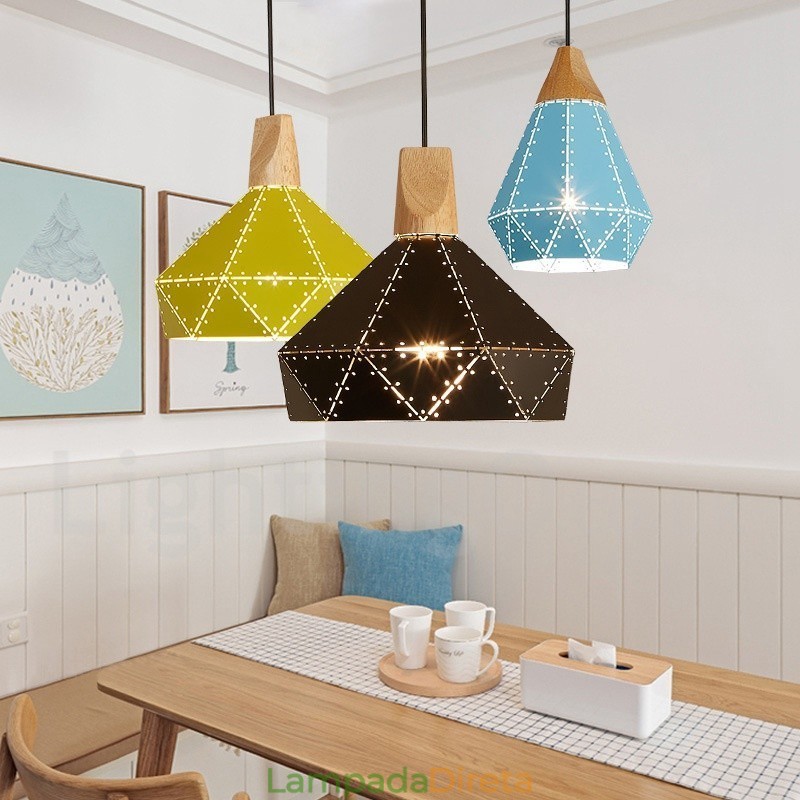 Luminária pendente de metal contemporânea moderna de madeira com 1 luz