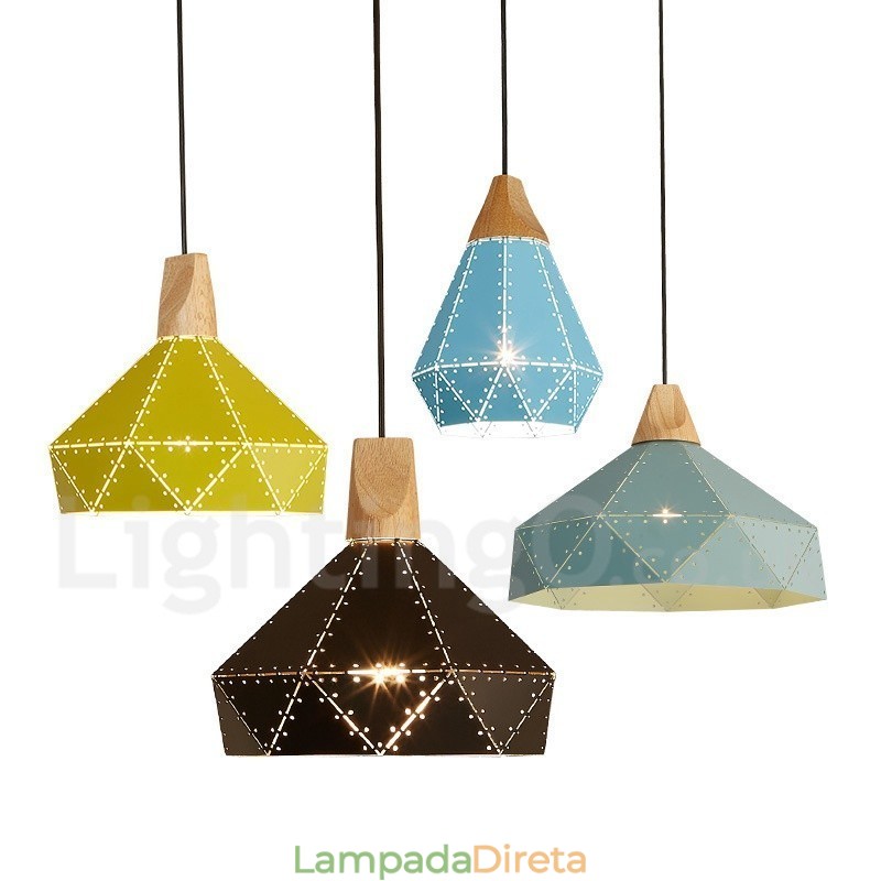 Luminária pendente de metal contemporânea moderna de madeira com 1 luz