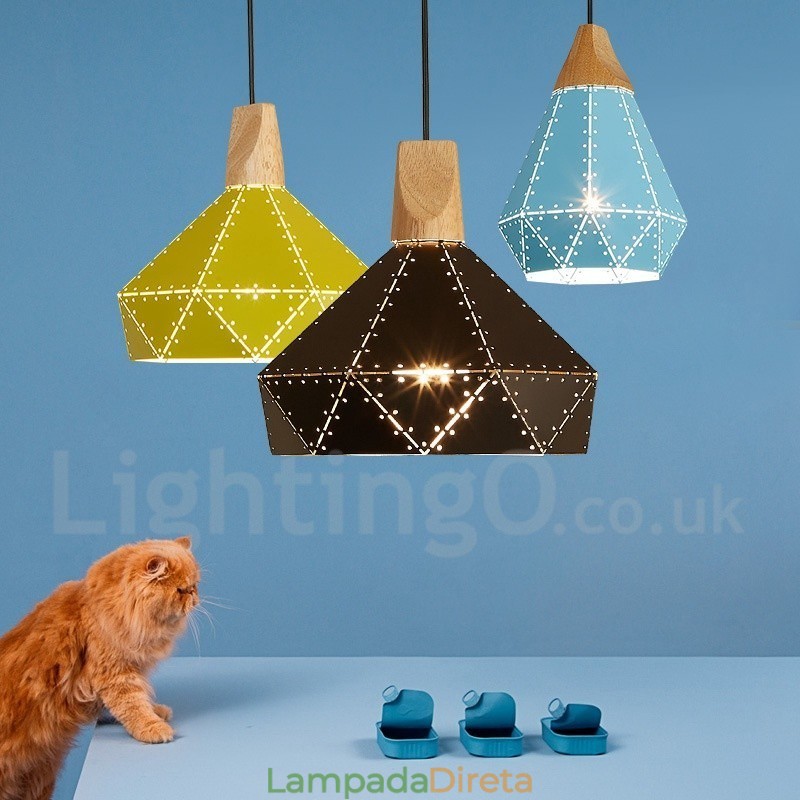 Luminária pendente de metal contemporânea moderna de madeira com 1 luz
