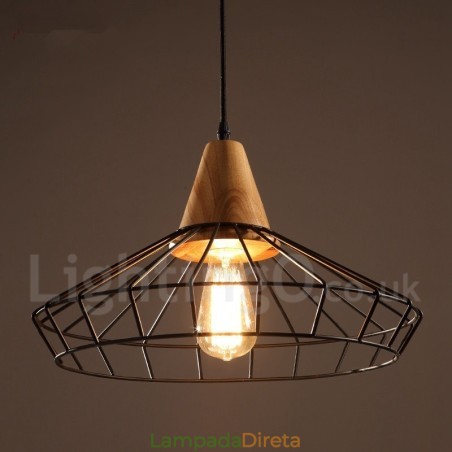 Luminária pendente de madeira e metal vintage