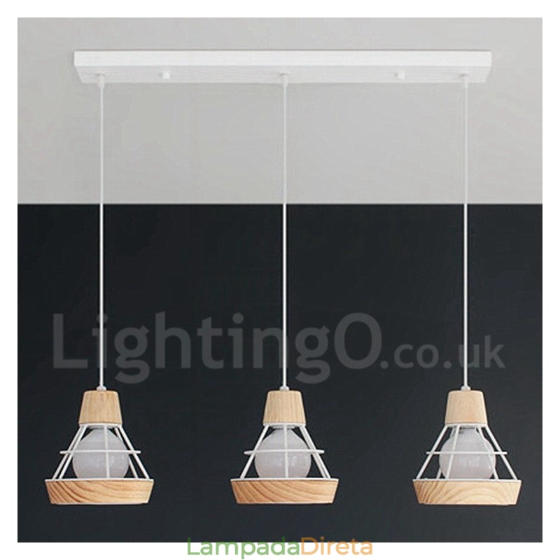 Luminária pendente de madeira e metal para sala de jantar