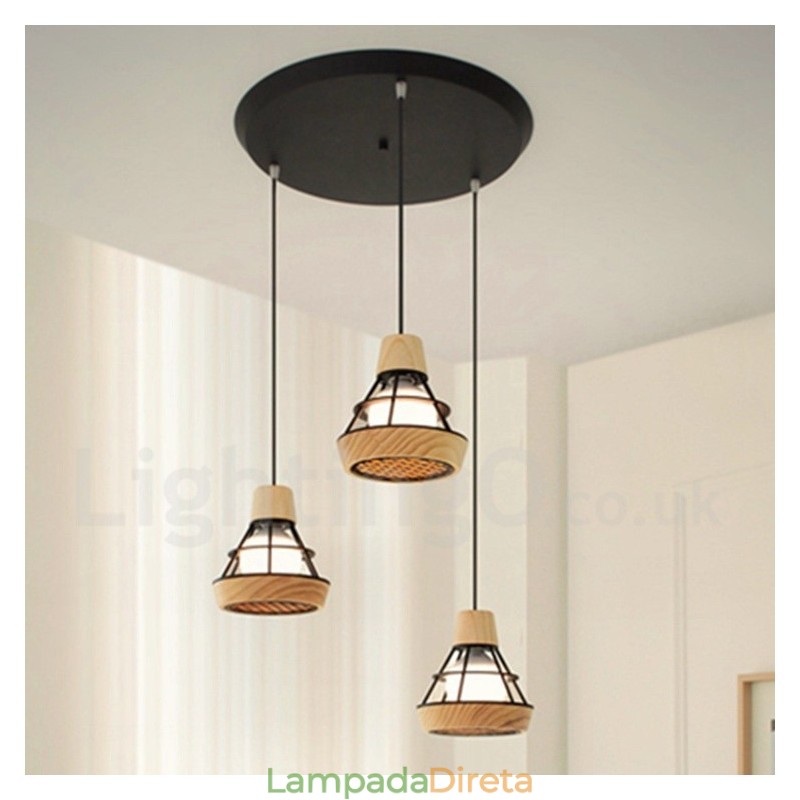 Luminária pendente de madeira e metal para sala de jantar
