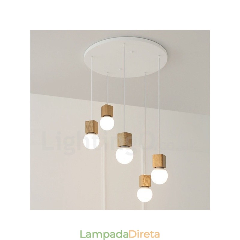 Luminária pendente rústica de madeira com 5 luzes