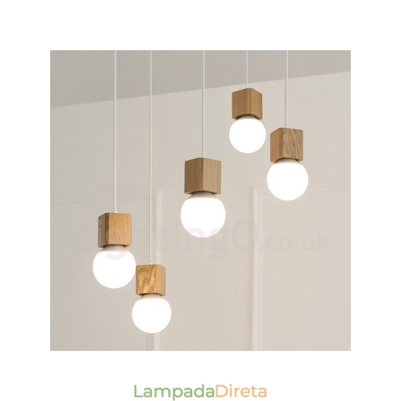 Luminária pendente rústica de madeira com 5 luzes