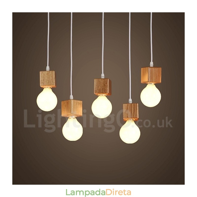 Luminária pendente rústica de madeira com 5 luzes