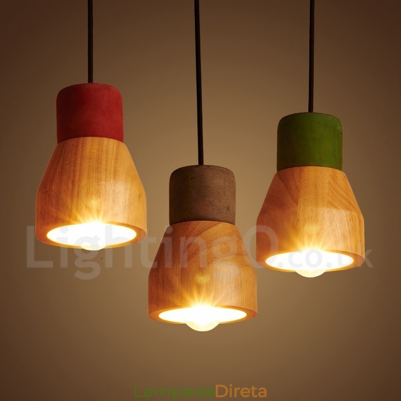 Luminária pendente de concreto de madeira vintage