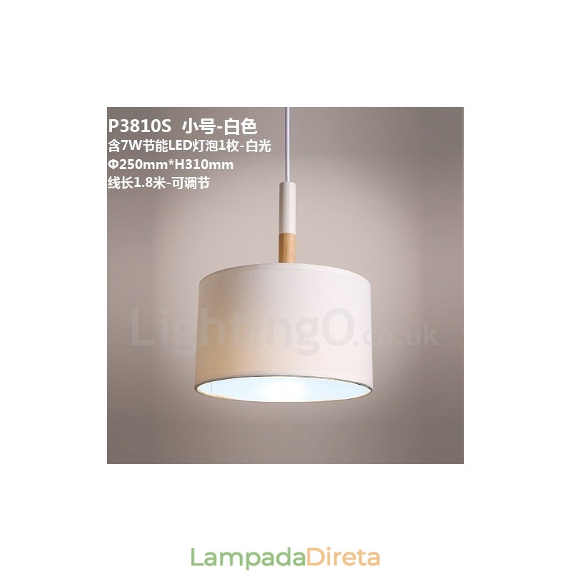 Luminária pendente moderna contemporânea em forma de tambor de madeira com cúpula de tecido