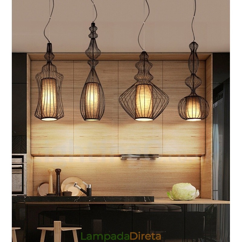 Luminária pendente em forma de vaso de metal vintage country