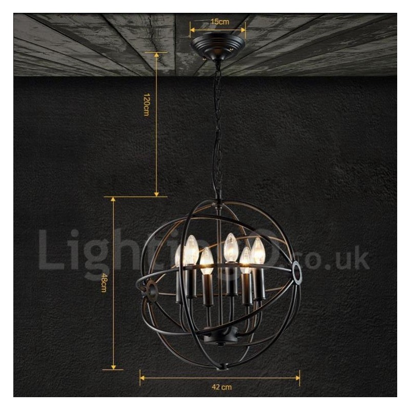 Luminária pendente vintage de globo de metal com 6 luzes