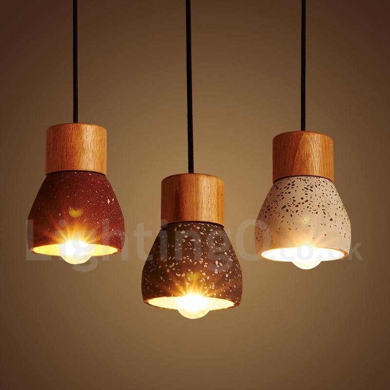 Luminária pendente moderna contemporânea de concreto com 1 luz de madeira