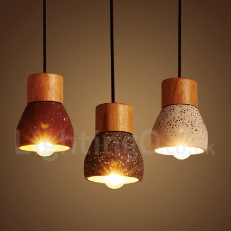 Luminária pendente moderna contemporânea de concreto com 1 luz de madeira Luminária pendente moderna contemporânea de concreto com 1 luz de madeira