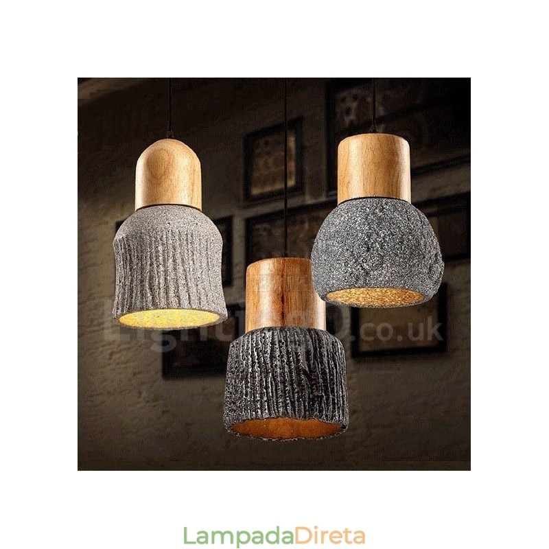 Luminária pendente retrô vintage de madeira e concreto