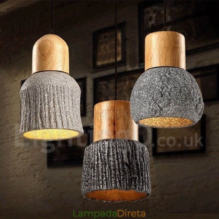 Luminária pendente retrô vintage de madeira e concreto Luminária pendente retrô vintage de madeira e concreto