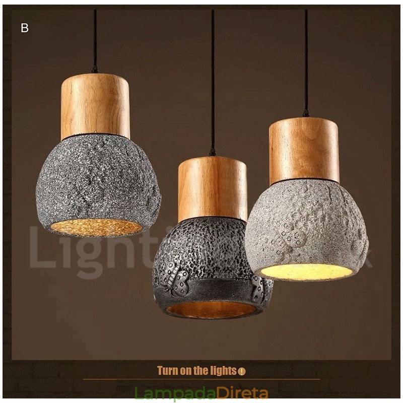 Luminária pendente retrô vintage de madeira e concreto