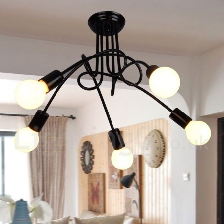 Lustre de metal preto country com 5 luzes Lustre de metal preto country com 5 luzes