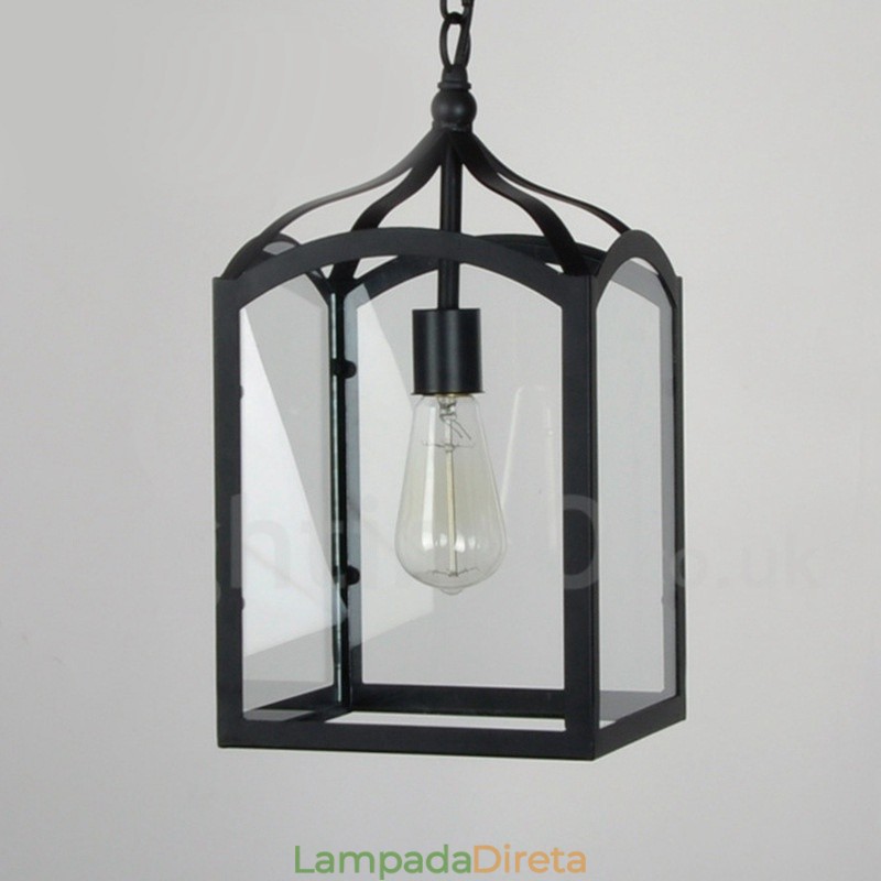 Luminária pendente rústica de metal com cúpula de vidro
