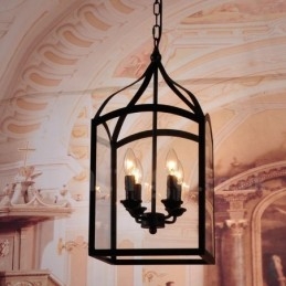 Luminária pendente rústica de metal preto com 4 luzes e cúpula de vidro