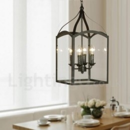 Luminária pendente rústica de metal preto com 4 luzes e cúpula de vidro