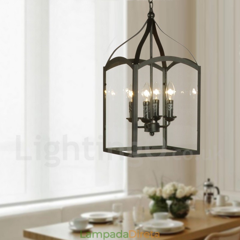 Luminária pendente rústica de metal preto com 4 luzes e cúpula de vidro