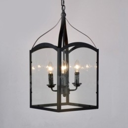 Luminária pendente rústica de metal preto com 4 luzes e cúpula de vidro