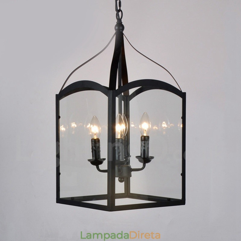 Luminária pendente rústica de metal preto com 4 luzes e cúpula de vidro